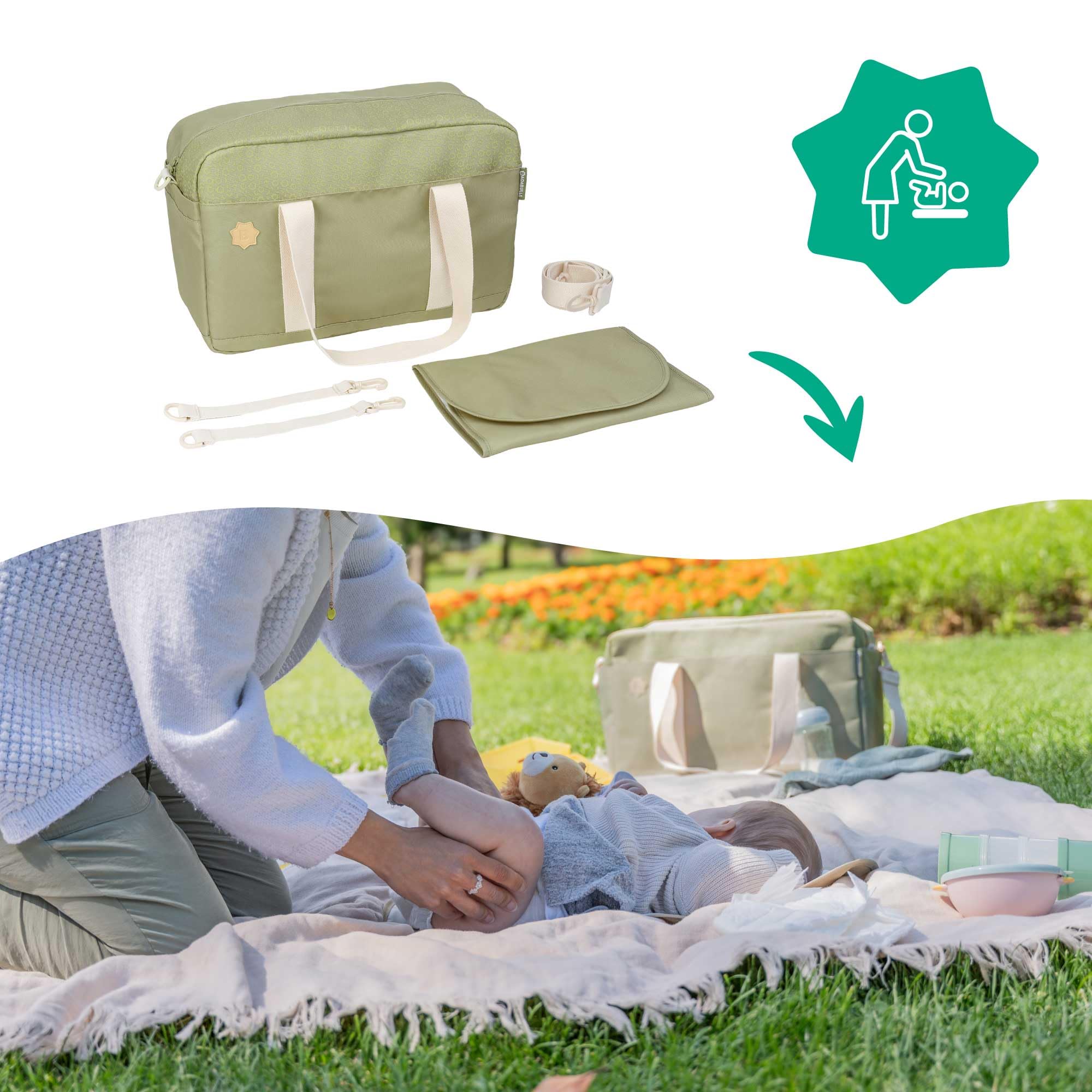 badabulle-wickeltasche-bowling-olive-kinderwagentasche-mit-wickelauflage image 6