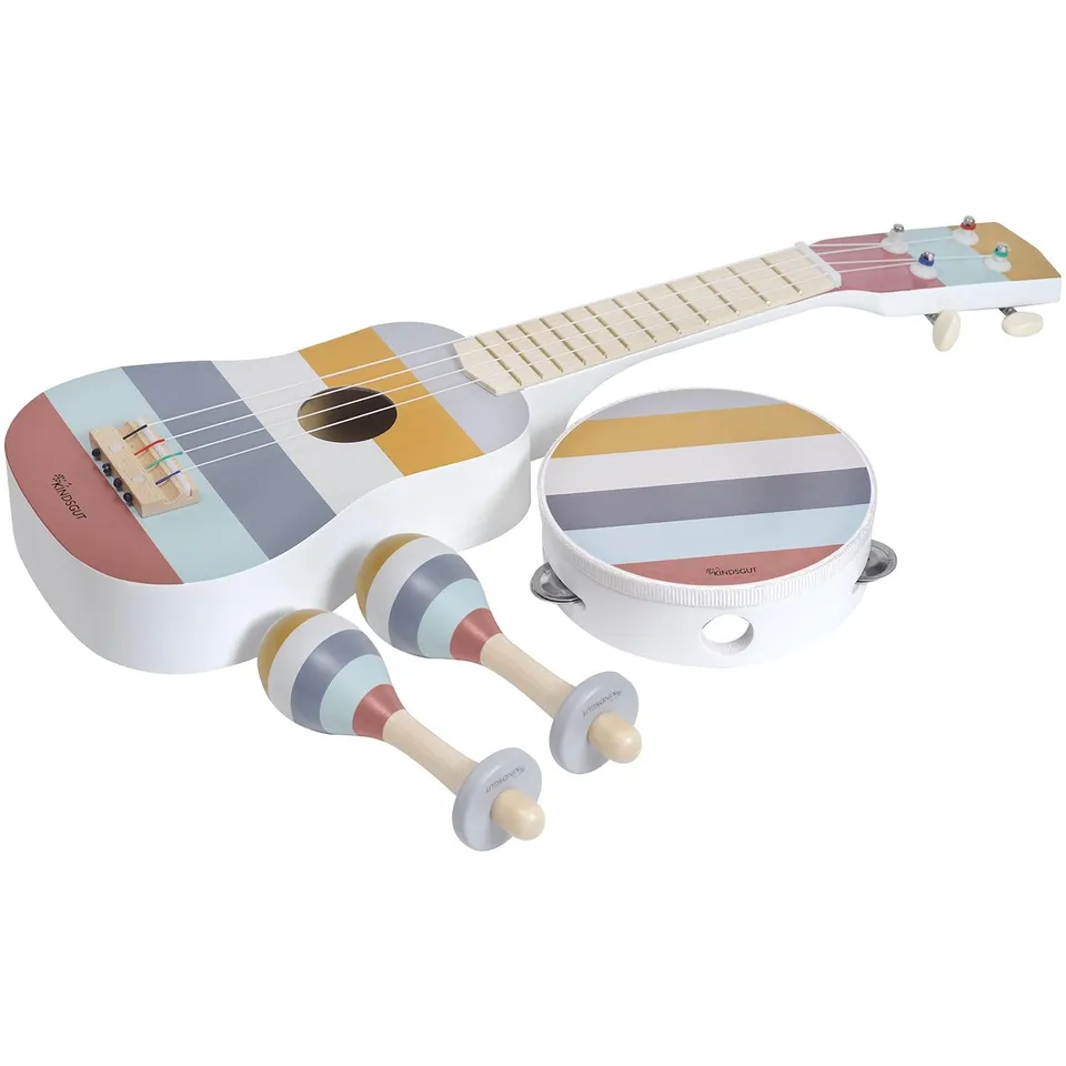 kindsgut-musikinstrumente-kinder-holz-4-teilig-streifen-gitarre-rasseln-tamburin image 1